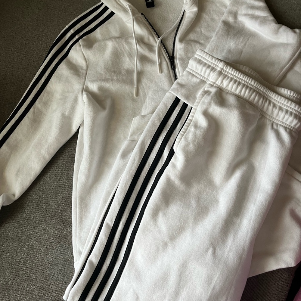 adidas White Sweatpants  and Jacket with Black Stripes